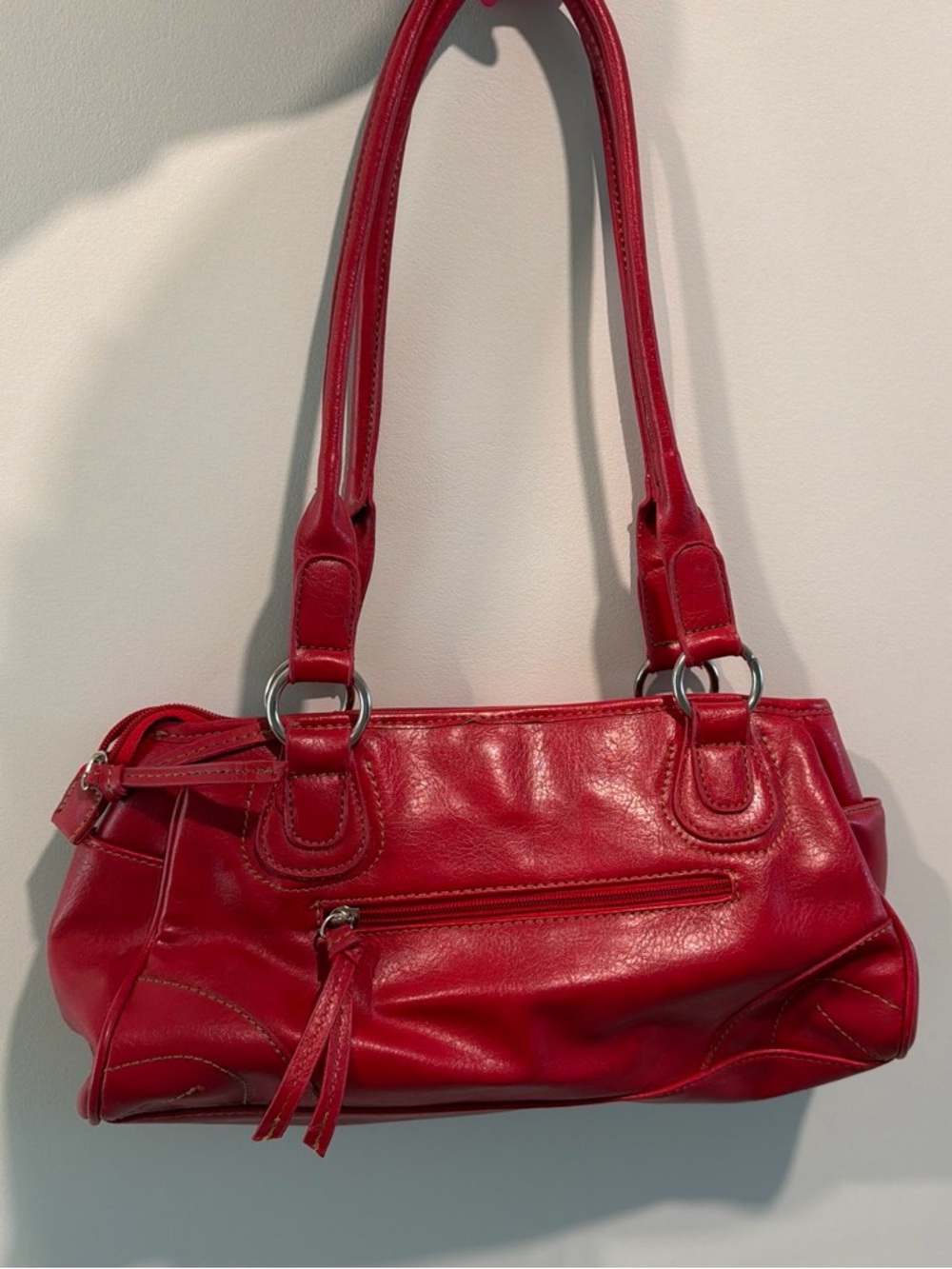 Elegant Red Leather Shoulder Bag with Silver Accents